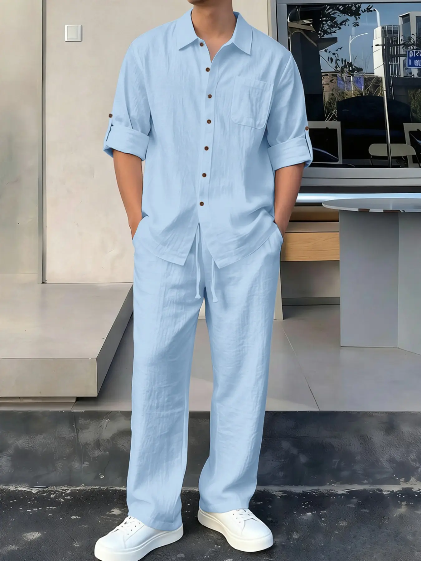 Men's Summer Collared Long Sleeve Shirt and Straight Leg Pants Set, Menswear, Outfit, Regular Fit Casual Beach Vacation Daily Wear Clothes, Men's Summer Tiktok shop