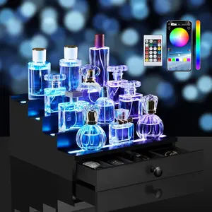 LED-Lighted Cologne Organizer for Men: Multi Lighting Modes Perfume Organizer with APP & Remote Control,4 Tier  Perfume Stand with Drawer and  Compartment,Display Riser Shelf- for Men