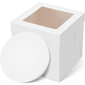 Cake Box with Board Drum, 10x10x10 Inches Tall Bakery Box with Window, Disposable Cake Container with Lid for Multi-Layer Cake, Decorating, Wedding, Birthday, Party