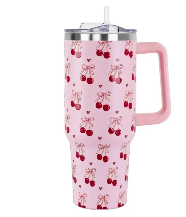 Stylish Printed Pink Cherry Bow 40oz Stainless Steel Insulated Portable Water Bottle with Handle, Straw Lid - Leak-Proof Travel Coffee Mug, Valentine Gift for Women, Insulation, Reusable