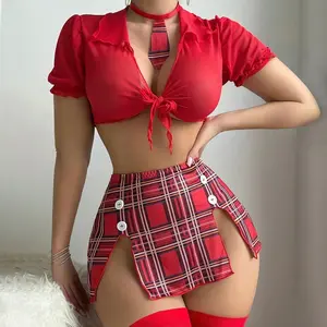 Women's Short-Sleeved Babydoll Collar Shirt with Plaid Sexy Lingerie Set Breathable Comfortable Dress with Split Design Mini Tie Highlight Playfulness