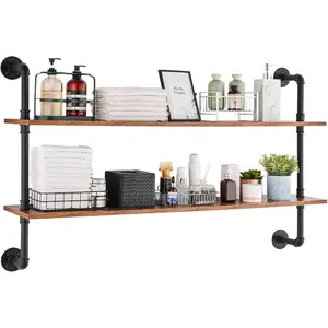 VEVOR Industrial Pipe Shelf, 3 Tier 48x9.84in, Wall - Mount Floating Rustic Wood Shelves Bracket Display Bookshelf, Storage Rack Sundries Holder for Kitchen Bedroom Bathroom Living Room, BlackVEVOR Super Brand Day