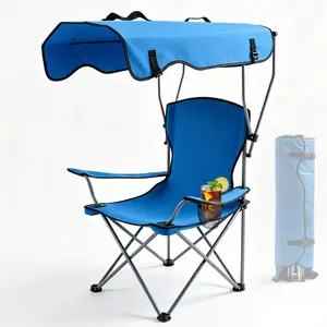 Portable Camping Chair with Adjustable Canopy, Outdoor Folding Chair with Cup Holder & Sun Shade for Beach, Camping, Sports