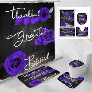 4 Pcs Purple Rose Shower Set with Non-Slip Rugs, Lid Cover and Bath Mat, Thankful Grateful Blessed Showy Elegant Floral Set with Shower and Rugs