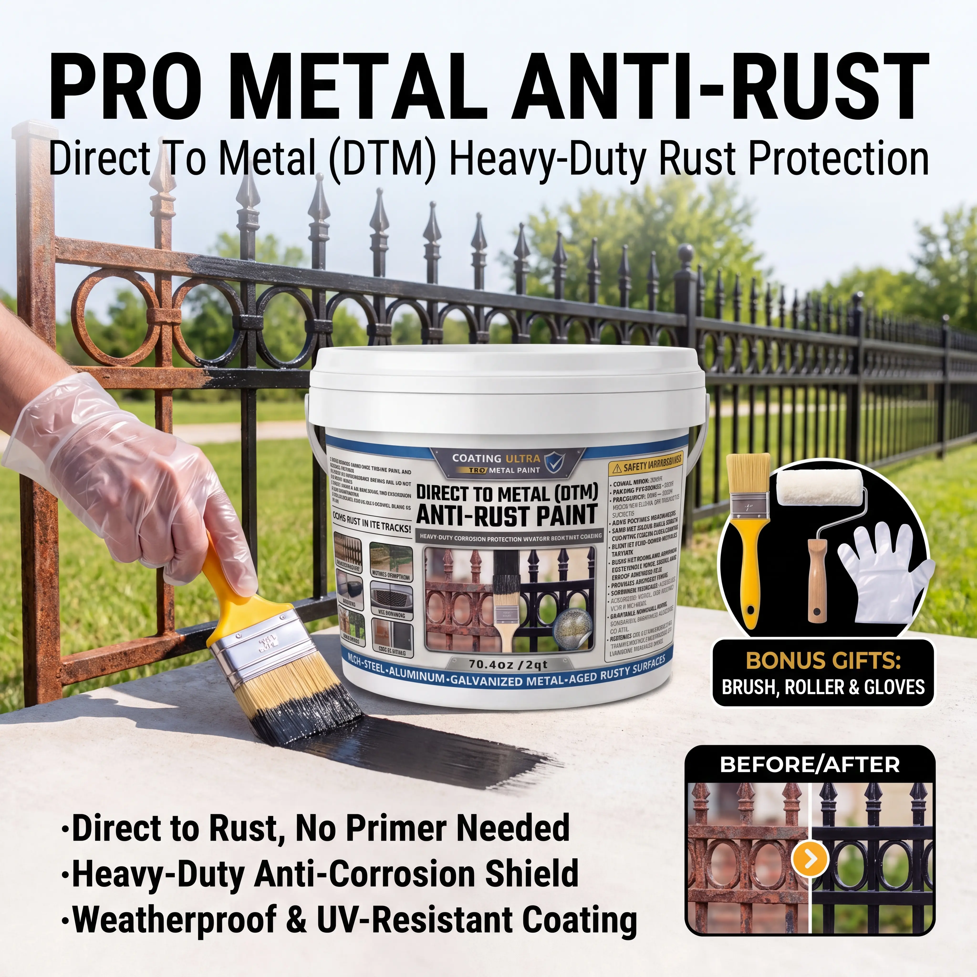 Rust Converter & Metal Primer Paint, 2-in-1 Water-Based Anti-Rust Coating for Outdoor Steel, Fences, Garage Doors & Auto Parts, Fast Drying with Brush