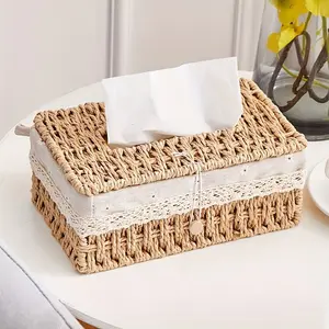 1pc Rectangular Paper Rope Tissue Box Cover Bohemian Style Woven Storage Box for Bathroom Kitchen Living Room Bedroom