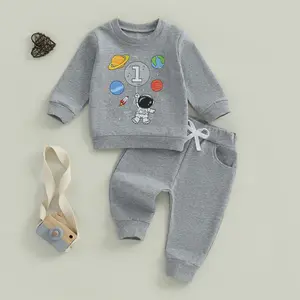 Baby Boy First Birthday Outfit, Long Sleeve Crew Neck Planet Astronaut Print Sweatshirt with Sweatpants Infant Clothes