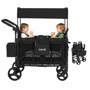 Folding Wagon for Kids to Sit in, Stroller Wagon for 2 Kids with Removable Canopy, Removable Canopy & Large All-Terrain Wheels, Push Pull Wagon Cart with Foot Brake