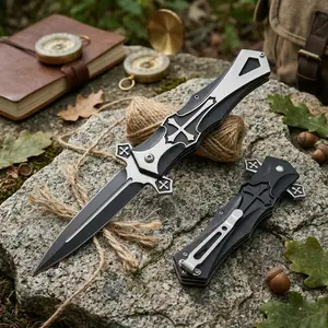 【Nomad Ridge】Black Silver CelticCross Metal Handle High Carbon Steel Blade High-Hardness Stainless SteelBladeMultifunctional Portable Outdoor FruitKnifeCamping Knife Free Experess