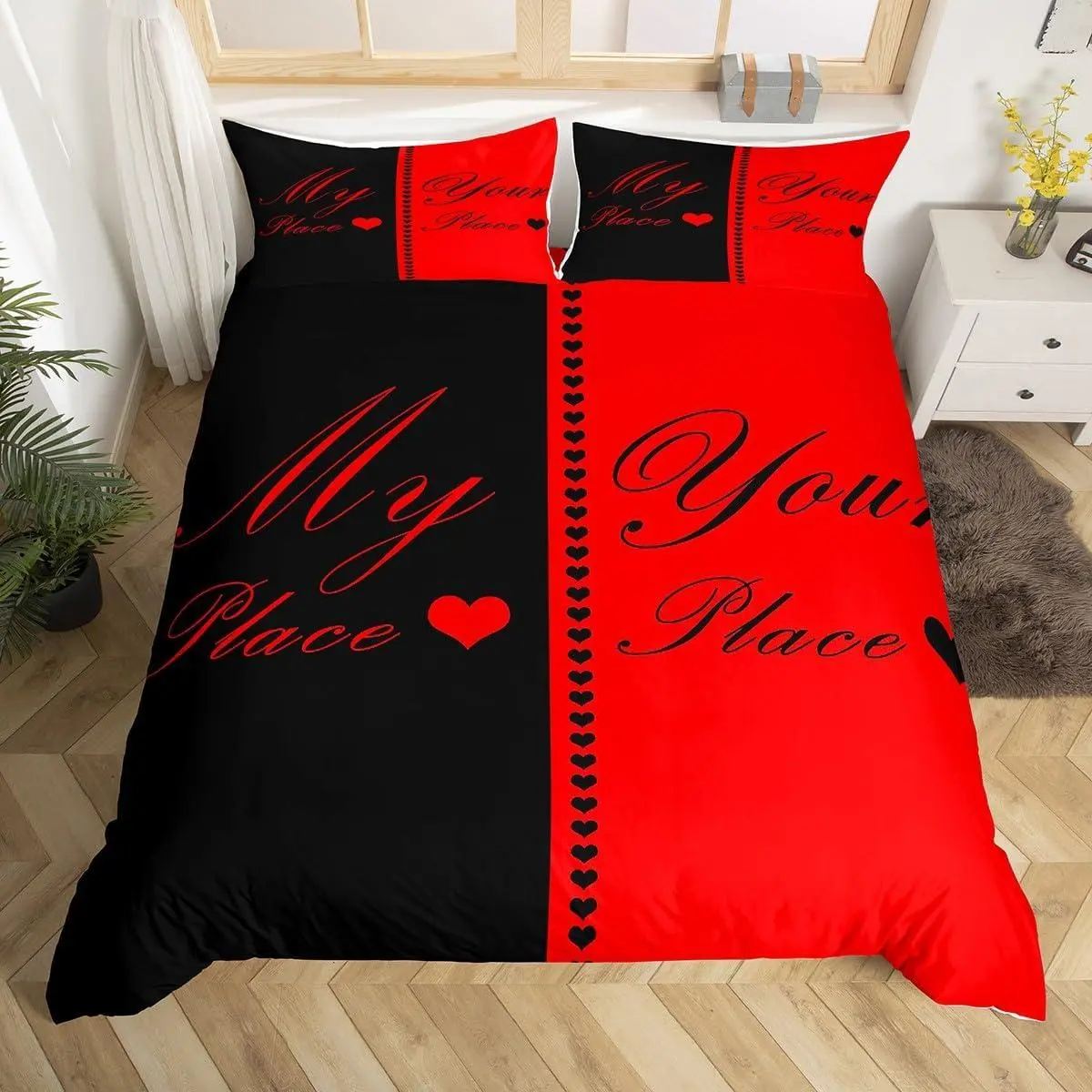 Couple Wedding Duvet Cover Set,Red Black Bedding Set,Ultra Soft Microfiber My Place Your Place Comforter Cover Wedding Anniversary I Love You Gift for Her Romantic Valentine's Day