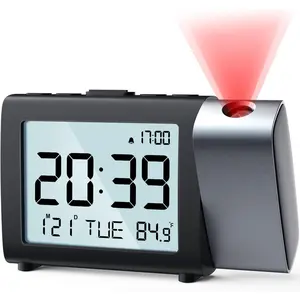 Projection Alarm Clock for Bedroom Digital LCD Clock with Temperature Date Snooze 12/24H and Weekend Mode Easy Set Dimmer 2-Levels Volume Mains and Battery Operated