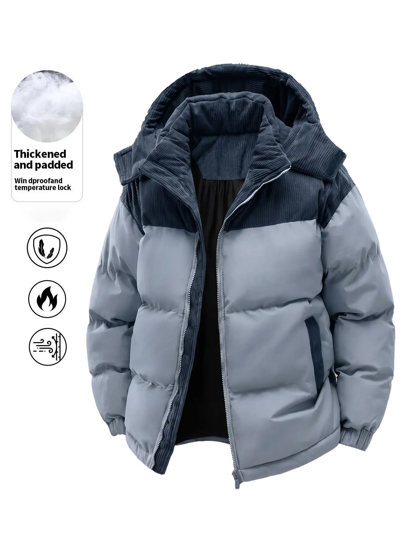 Men's hooded thick winter jacket, featuring a patchwork design. The anti-slip filling layer effectively prevents shifting, and the windproof outer fabric can retain heat. It is suitable for daily and outdoor wear in cold weather.