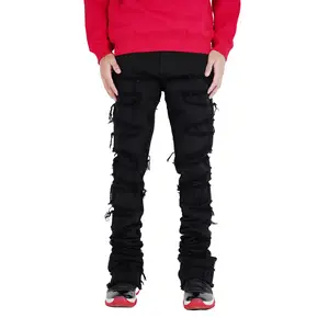 Jet Black Super Stacked Denim Jeans for Men - Slim Tapered Fit with Five Pocket Design & Hand Made Tears - 98% Cotton 2% Spandex