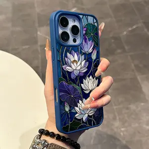 Magnetic Stylish Case for iPhone 17 16 E Pro Max 15 Plus 14 13 12 11 XS XR, Cute Stained Glass Lotus Print | Shockproof, Silicone, Trendy, Protective, and Aesthetic