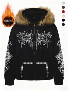Men's Street Style Dark Totem Jacket, Gothic Print, Rabbit Fur Collar, Fleece Design, Versatile, Fall Winter Fashion