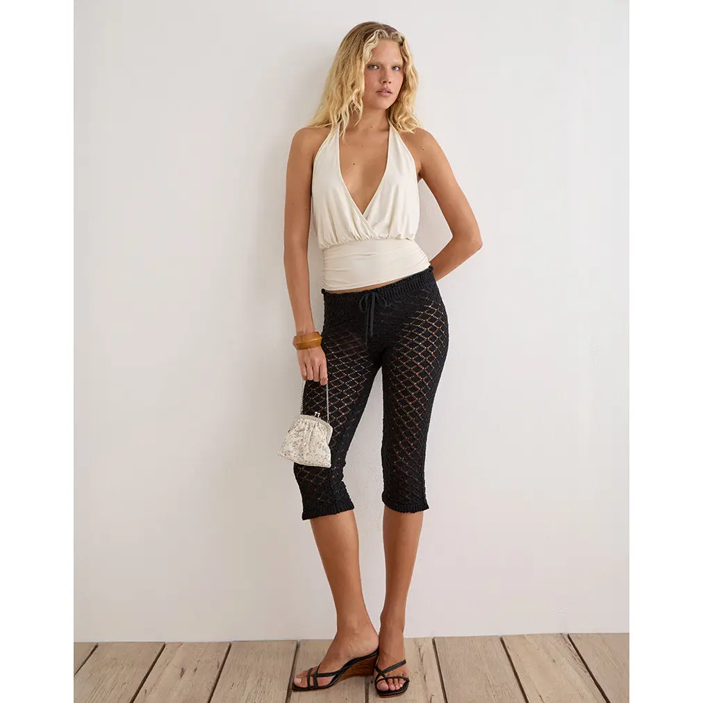 Renuka Capri Trousers with Frill Hem in Knit Black