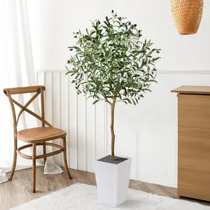 Artificial Olive Tree with White Tall Planter, 5ft Tall Potted Decorative Fake Olive Tree, Large Faux Silk Tree for Home Office Floor Room Decor Plant Indoor Outdoor, Housewarming Gift