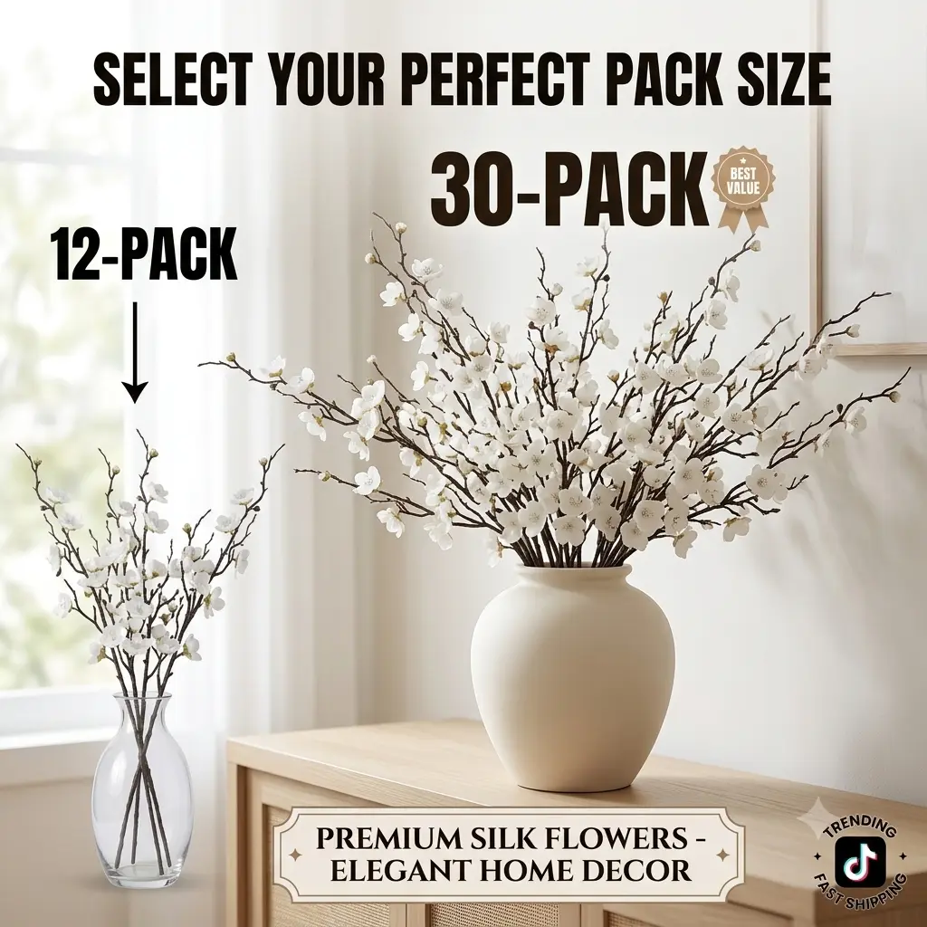 Artificial plum blossom branches, 12 pcs/30 pcs, 23.6-inch winter artificial white silk flower bouquets, faux snowflake centerpieces, plastic decorative plants, living room decor, evening wedding decorations