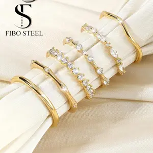 FIBO 6 Pcs 14K Gold Plated Stacking Rings for Women Dainty Cubic Zirconia Eternity Band & Vintage Wave Ring Set Hypoallergenic Non Tarnish Aesthetic Finger Jewelry for Wedding Promise Travel Size 5-10