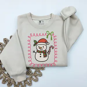 Snowman Candy Cane Embroidered Sweatshirt: Green Bow Holiday Sweatshirt