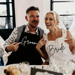 Bride and Groom black and white apron set wedding day dress cover up for first dinner as Mr and Mrs groom suit cover up Bridal Shower Bachelorette hen Party wifey hubby Newlywed couple gift present