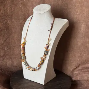 Tribe Whispers Handmade Glass Necklace 50cm Vintage Tribal Style with Hand-Painted Trade Glass Beads, Cotton Thread & Rugged Leather Cord, girlfriend, unisex