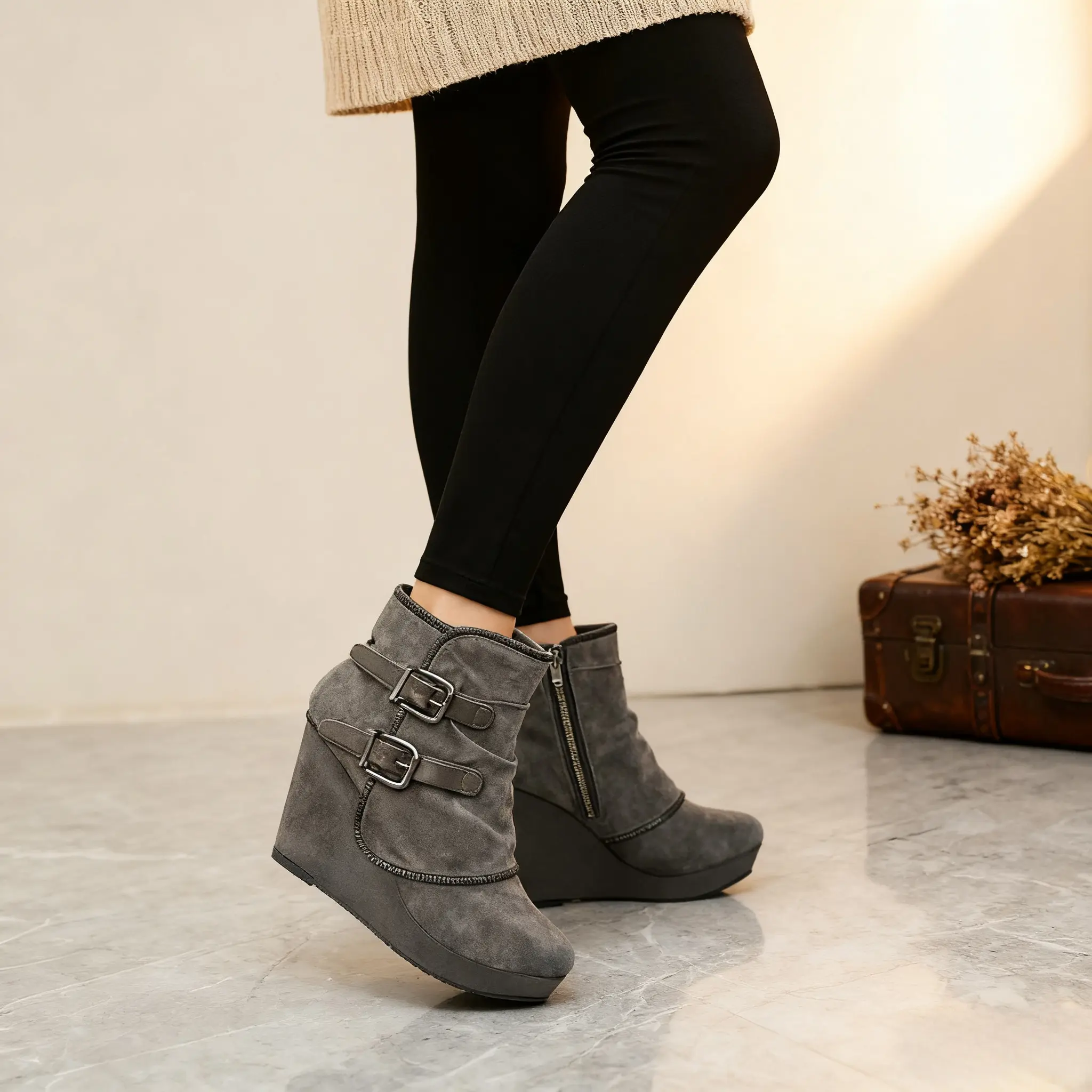 Women's Gray Double-Buckle Strap Wedge Ankle Boots - Low-Heel Wedge Sole, Round Toe Short Boots for Casual Workdays, Weekend Brunch - Women's Shoe