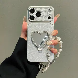 PROMAX Shockproof TPU Cellphone Case, Protective Accessory for iPhone 17 Pro Max/16 Pro/15, Customized Glitter Design, Heart-Shaped Makeup Mirror, Full-Cover Lens, Stylish Summer Protector