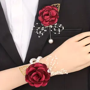 2-piece set of corsage and wrist corsage, artificial jasmine adjustable wristband classic style bridesmaid wrist corsage, groom's bridesmaid corsage Wedding