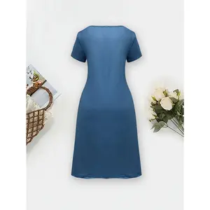 Women'S Casual Printed Breathable A-Line Dress, Elegant Vacation Style Short Sleeve Round Neck Stretchy Polyester Dress with Pocket, Spring/Summer Party Wear, Casual Outings Attire |   Buttondown Dress |   Glossy Texture