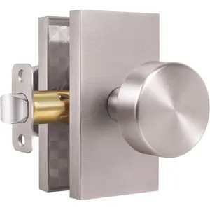 Brushed Nickel Zinc Alloy Passage Door Knob, Round Lever Handle with Rectangular Backplate, Hallway Closet Bedroom Bathroom Interior Hardware, 1 Pack