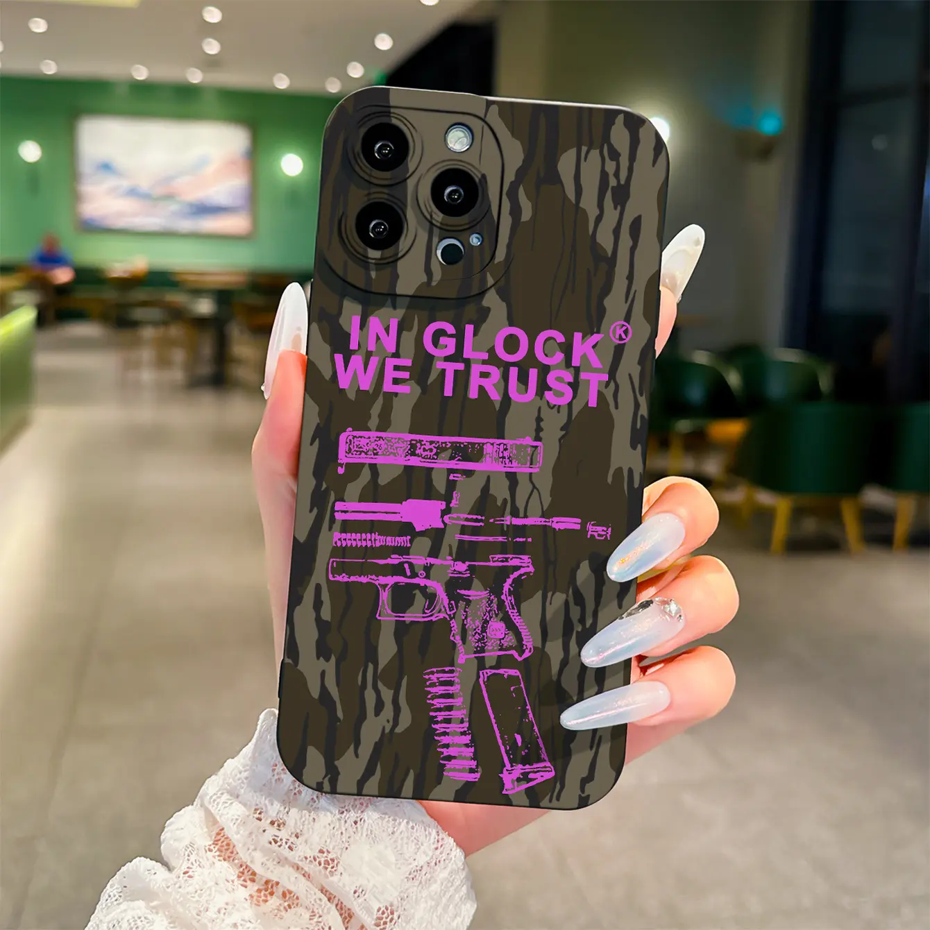 "IN Glock We Trust Deep Space Gray Camouflage Phone Case - Durable, Fashionable Protection Cover for iPhone 11,12,13,14,15,16,17 Pro Max/Plus/Air - Waterproof Mobile Accessory"