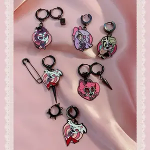 Hazbin Helluva Inspired Handmade Kawaii Alternative Goth Punk Visual Kei Street Fashion Unisex Drop Earrings with Bonus Stickers