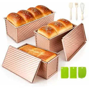 3-Pack Bread Pans with Lids, 2.2 lb, 1 lb, and 1 lb dough capacity, nonstick carbon steel Pullman loaf pans for baking, professional toast box mold with baking tools — gold