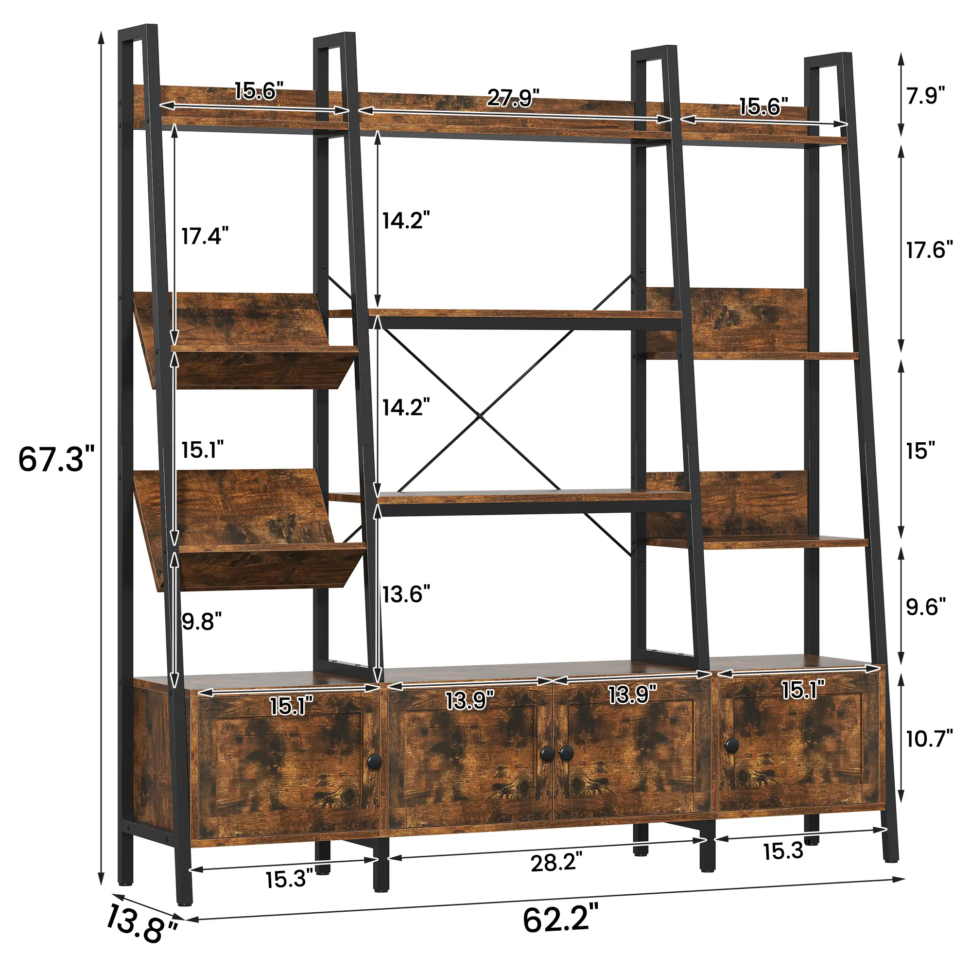 Rustic Industrial 6-Shelf Bookcase with Locking Cabinet, 67.3" Tall Corner Bookshelf for Home Office & Library, Multi-Cubby Book Shelf Decorations & Storage for Study or Living Room