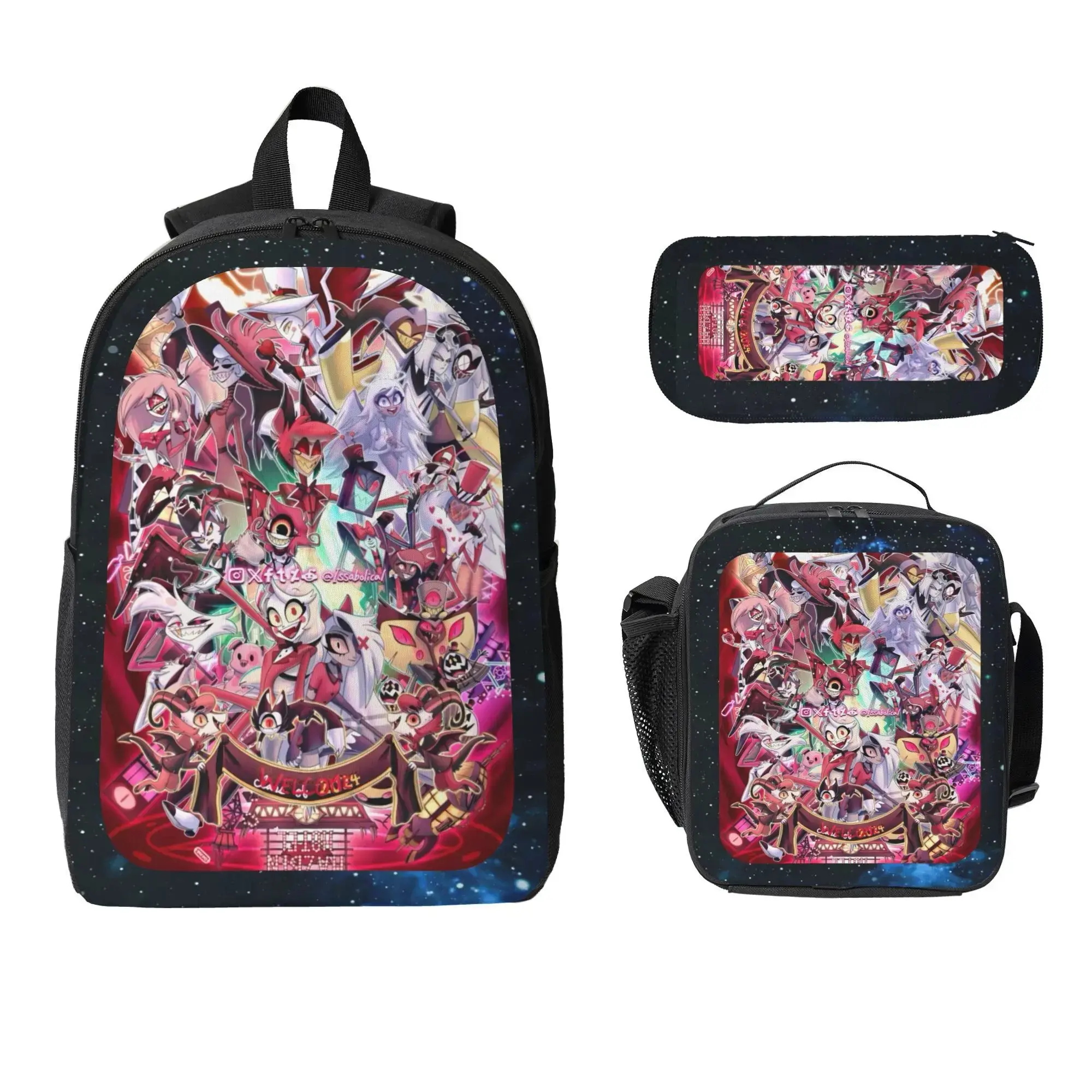 Hazbin Hotel Unisex 3-in-1 Backpack Set, Insulated Lunch Box, Pencil Case – Anime Gym/School Bag for Teens (For School Use)
