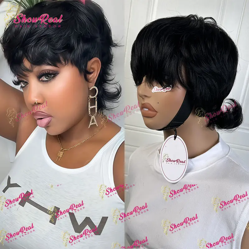 ShowReal Black Pixie Wig 0525 With Flip Tail Bangs Human Hair Short Wig For Women Trendy Short Flip Tail Pixie Wig Natural Black Human Hair Wigs For Daily Wear