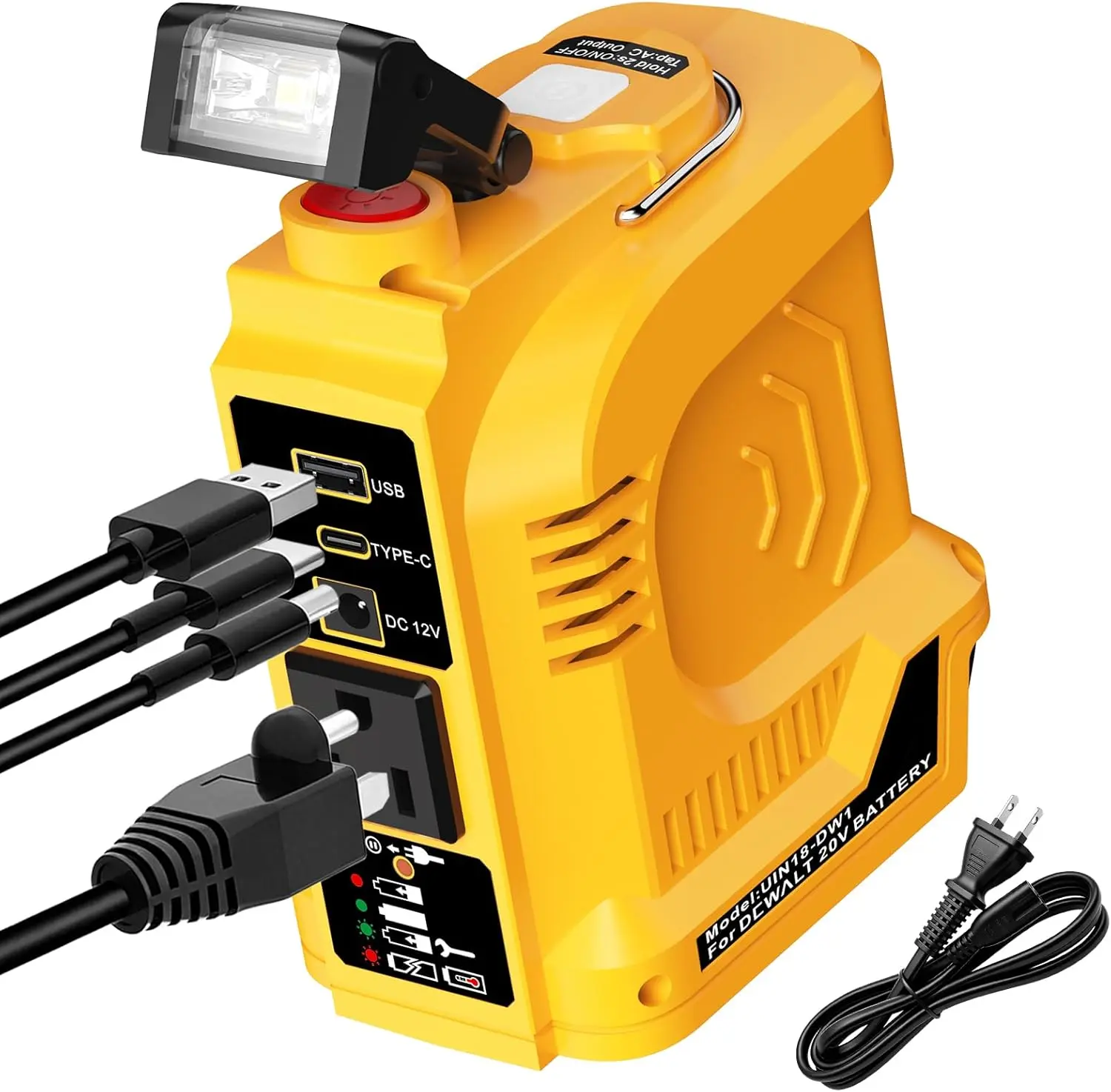 2-in-1 Power Inverter & Battery Charger for DeWalt 20V 60V Battery, 220W Portable Power Station with AC Outlet USB-C PD DC 12V & Foldable LED Work Light (Battery Not Included)