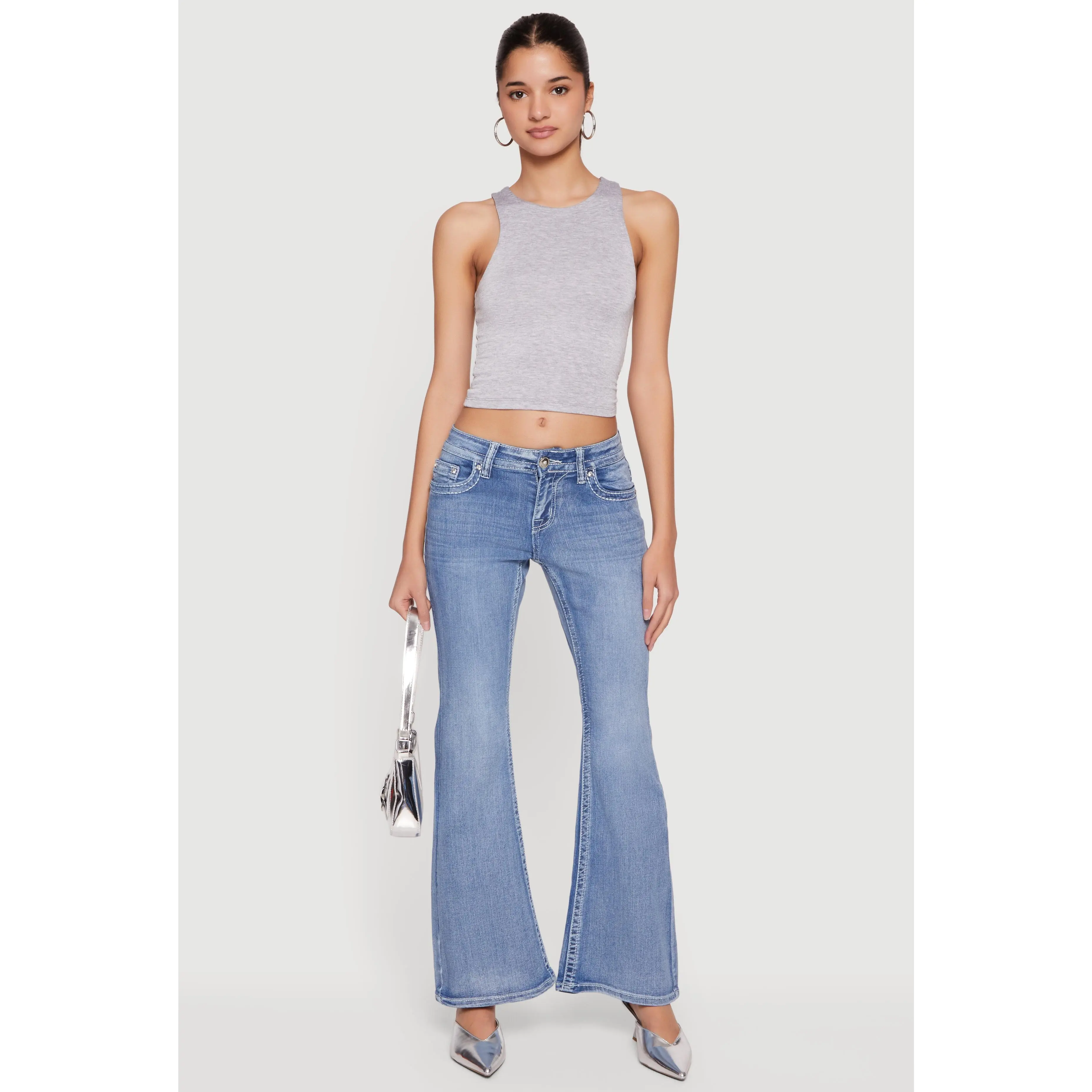 LA Pocket Graphic Flare Leg Acid Wash Jeans