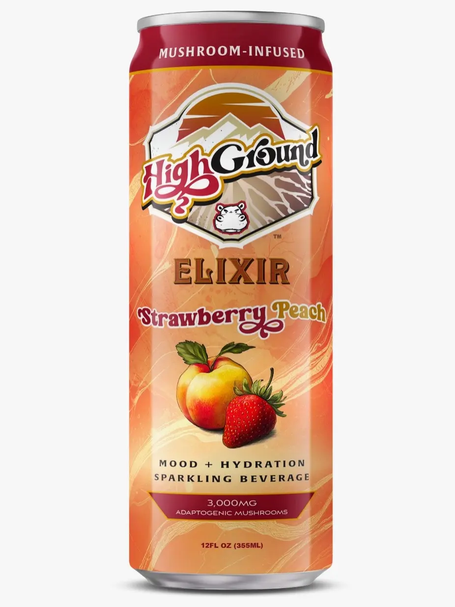 High Ground Elixir Fizzy Drink, 5 Adaptogenic Organic Mushroom Seltzer - Strawberry Peach Flavor, 12oz, Five Adaptogenic, Organic Mushrooms