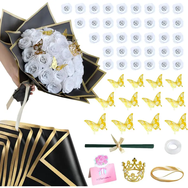 DIY Glitter Roses Bouquet White  - 36 Pack  Shiny Bouquet with Stems Butterfly Crown Eternal Floral for Halloween Elegance Wedding Bouquets Anniversary Birthday Party Gifts