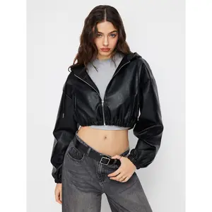 Cider Faux Leather Hooded Drawstring Zip Through Crop Jacket