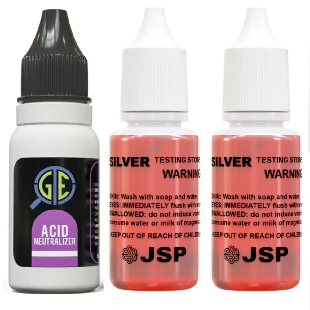 0.5 oz JSP Silver Jewelry Acid Testing Kit (2 JSP Silver Testing Liquids, 1 GTE Neutralizing Liquid) for Scrap Jewelry Authenticity Checks, Watch Repair (Prevents Scratch, Contamination)