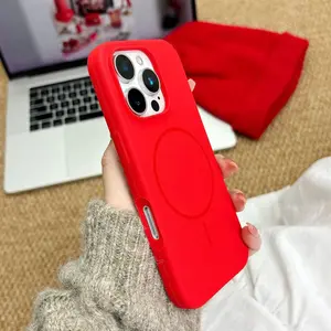 Magnetic New Year Red Silicone Matte Case For iPhone 17 Air 16 15 14 Plus 13 12 Pro Max 11 For Magsafe Wireless Charging Cover cute phone Floral Curve Protection Smartphone Shockproof with Accessories anxiety