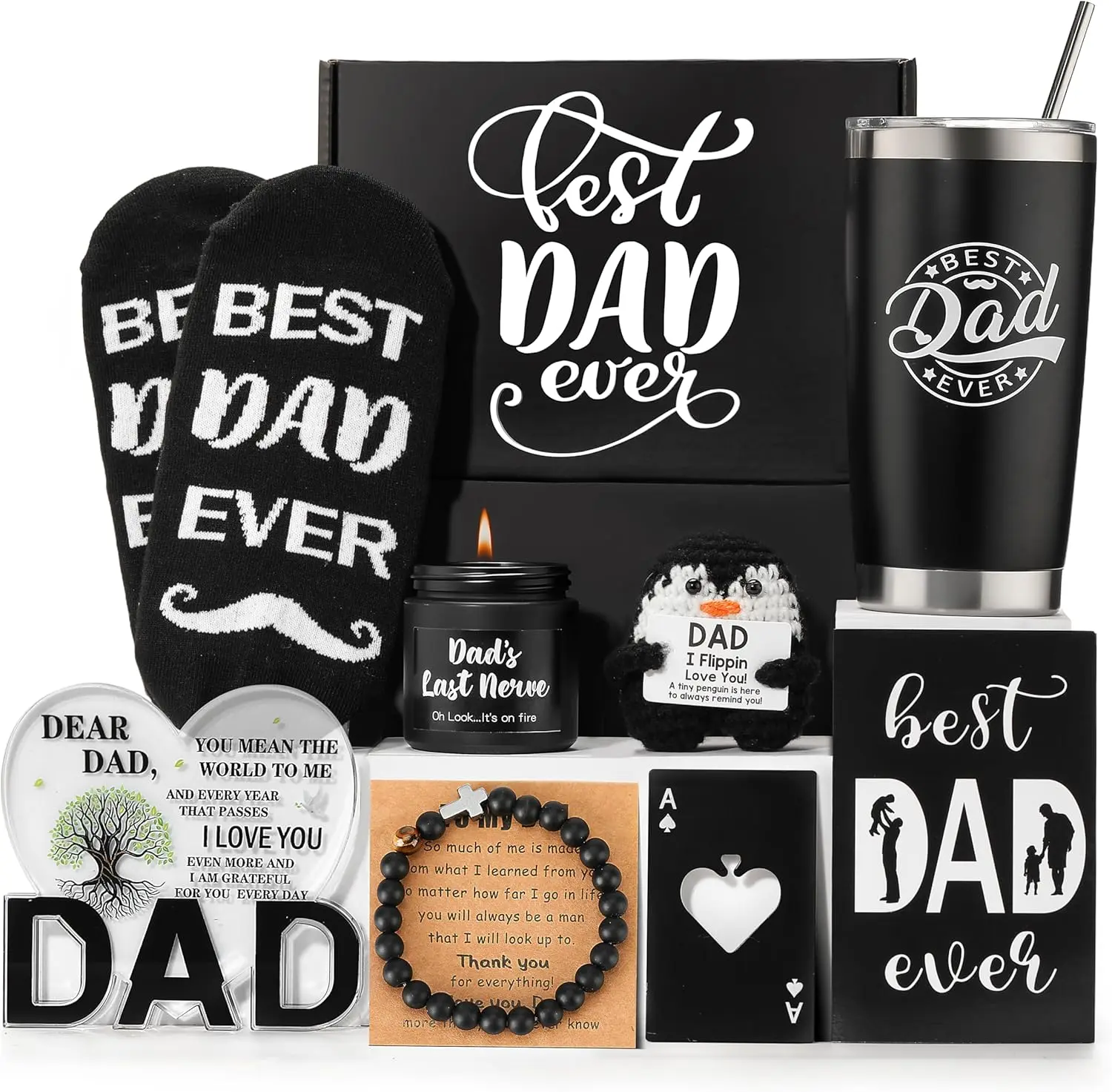 Dad Birthday Gift Box Set for Men – Father’s Day Gifts for Dad from Daughter & Son – Best Dad Ever Present Basket with 20oz Insulated Tumbler, Candle, Socks, Crochet Keepsake, Acrylic Decor & Bracelet