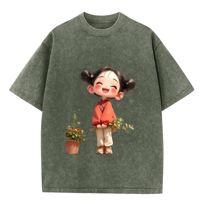 Women's Plus Size Acid Wash Premium Cotton T-Shirt - Vintage Oversized Short Sleeve Crew Neck, Double Buns Plant Graphic Print, Lightweight Casual Beach Curvy Tee