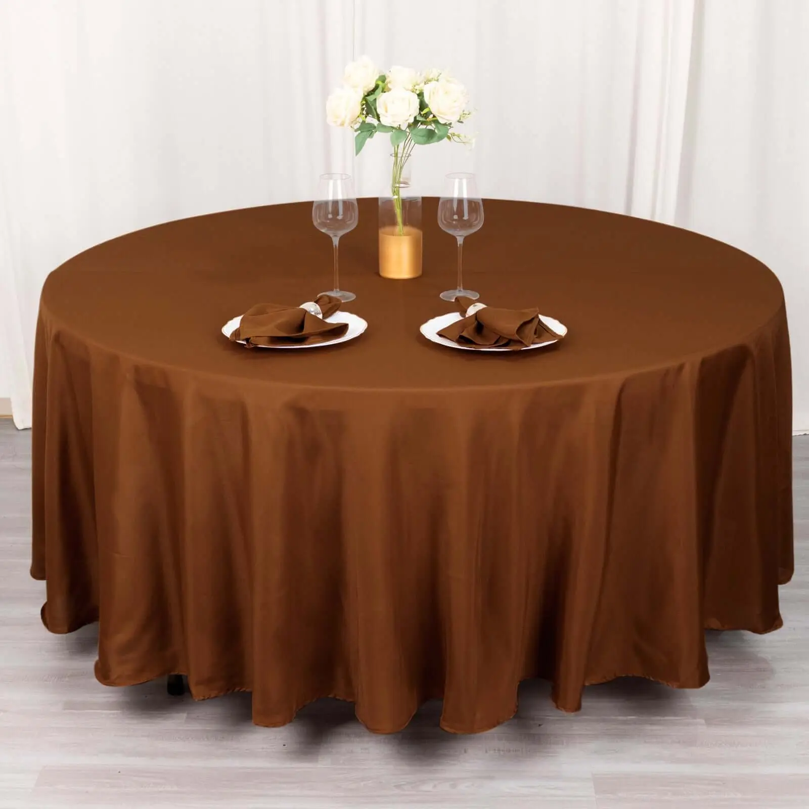 108in Cinnamon Brown Polyester Round Outdoor Tablecloth - Durable, Stain-Resistant, Machine Washable, Wipe-Clean Furniture Accessory for Dining, Party, Birthday, Casual Events