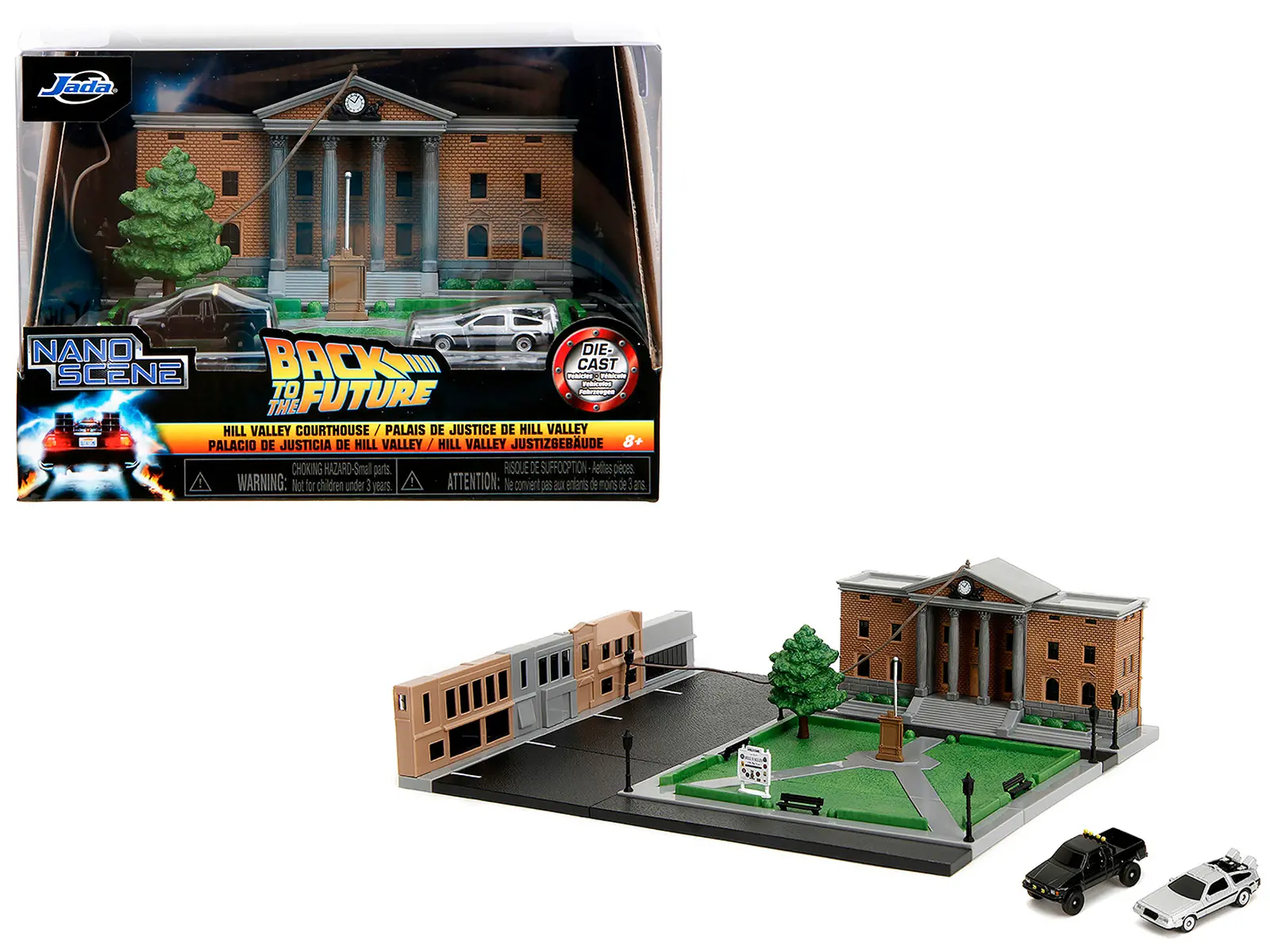 Hill Valley Courthouse Diorama with Black Pickup Truck and Delorean "Back to the Future" (1985) Movie "Nano Scene" Model by Jada