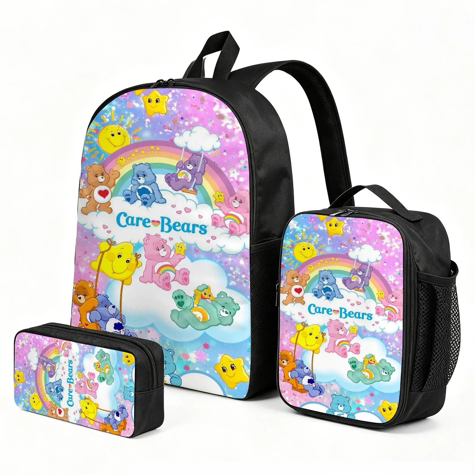 Care-Bears 3PCS Kids Backpack Set with Insulated Lunch Bag | Theme Travel Daypack | Cute Print School Bookbag Pencil Case Combo
