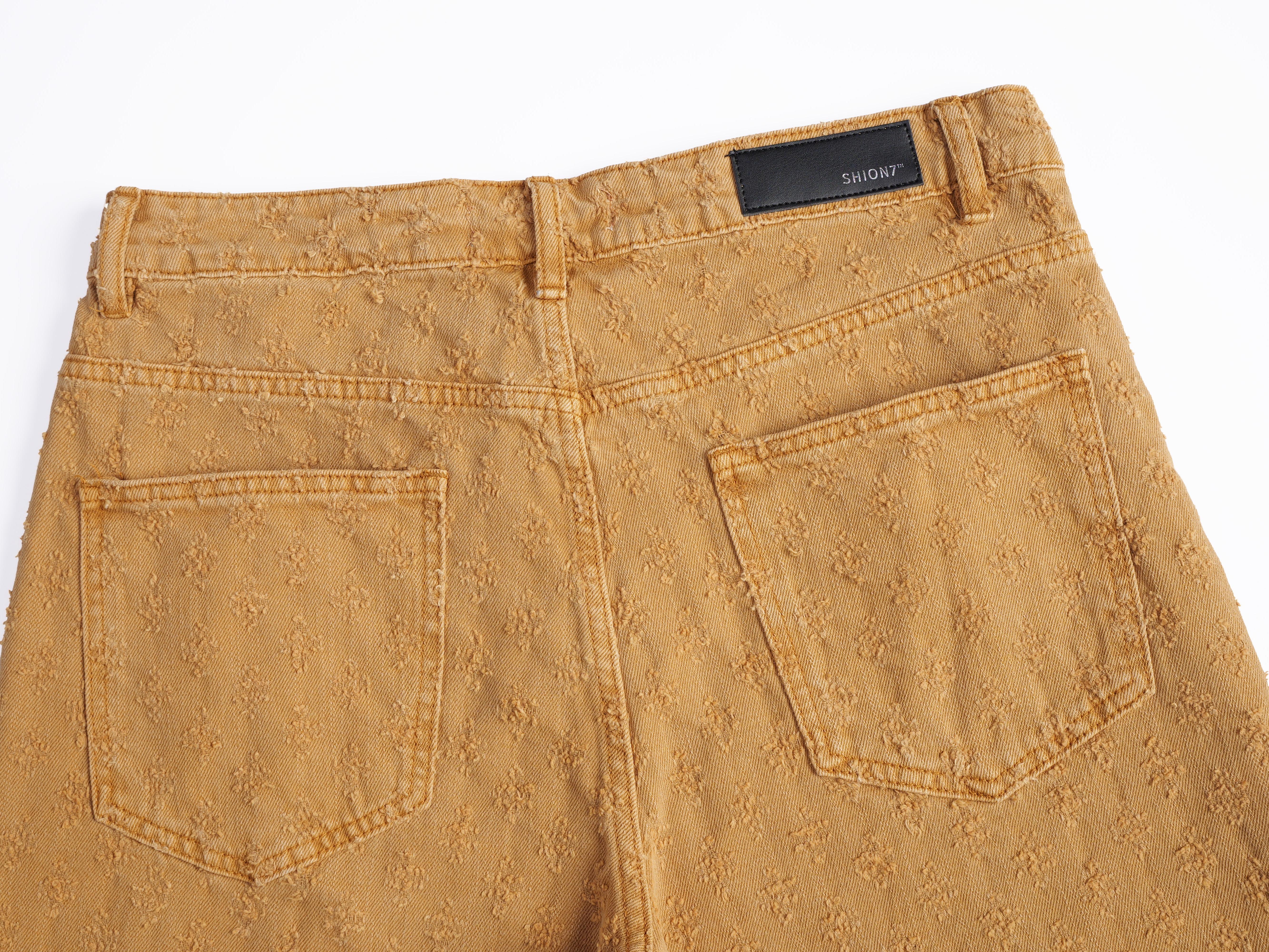 Ripped Wash Beige Jeans Shorts Men, Straight Leg Loosen Fit Knee Length Colored Trousers